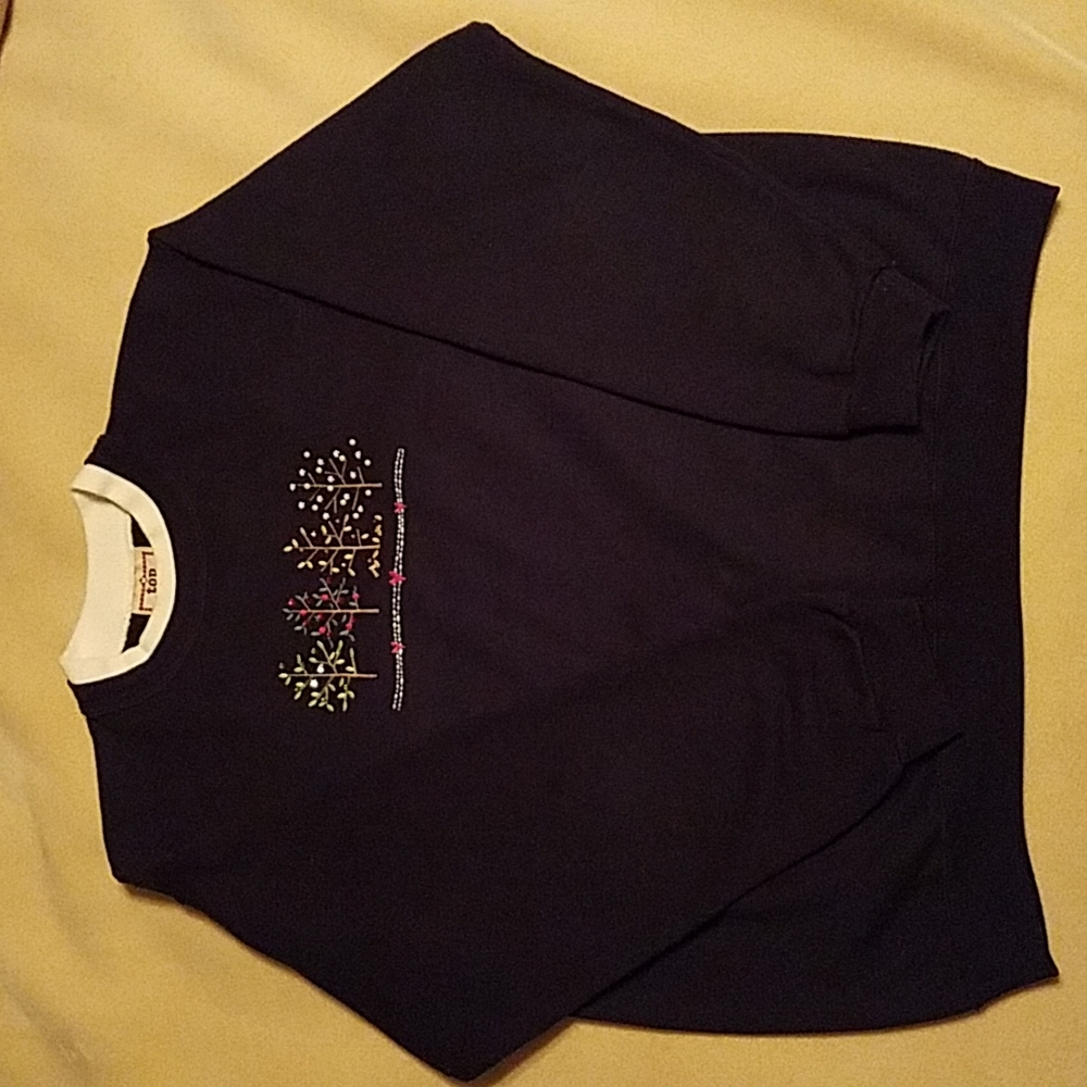 Top Stitch by Morning Sun Sweatshirt Trees Hearts Navy Vintage
